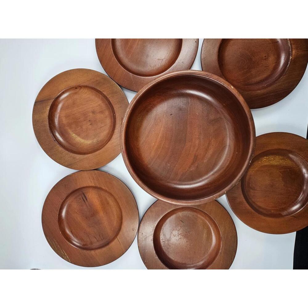 7-Piece Vintage MCM Monkeypod Wood Salad Set 9.5" Bowl & 6 Plates Hawaii Style